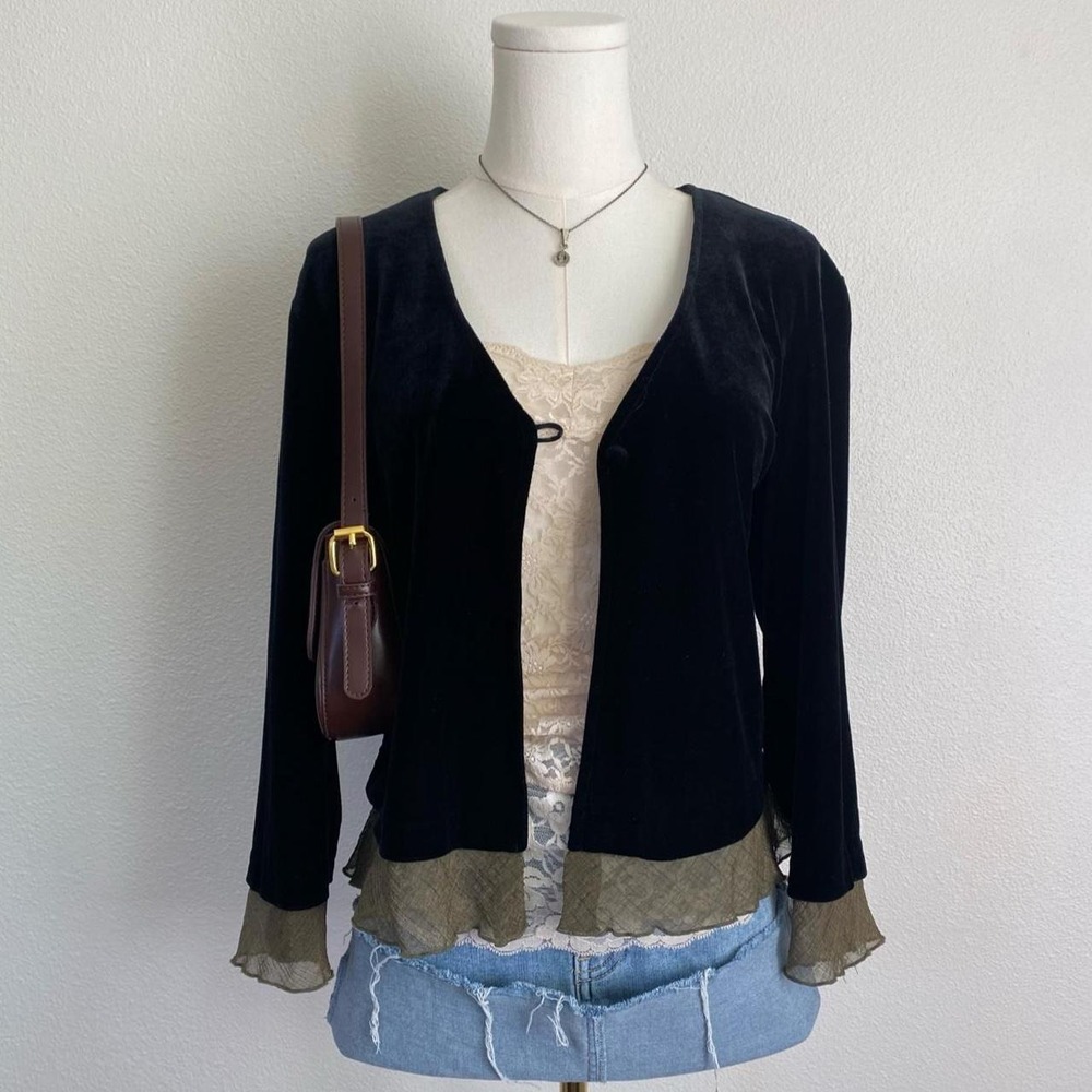 Vintage Rabbit Designs Black Velvet Green Mesh Ruffled Hem Cardigan Whimsigoth